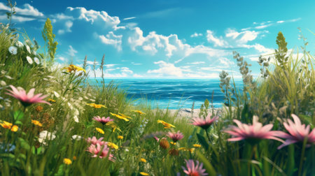 Summer meadow with flowers and blue sky. 3d illustration.の素材