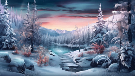Fantasy winter landscape. mountain river and forest. digital painting.の素材