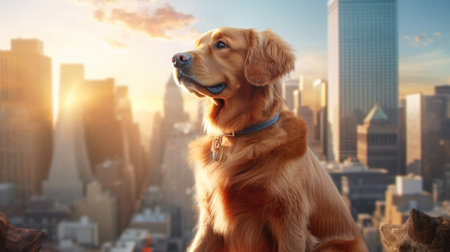 Golden Retriever on the background of New York City skyscrapersの素材