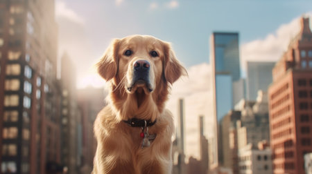 Golden Retriever dog on the background of skyscrapers.の素材