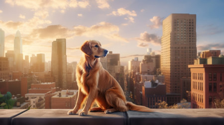 Golden Retriever dog sitting on the balcony with cityscape backgroundの素材