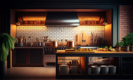 3D rendering of a modern kitchen in a loft style with brick wallsの素材