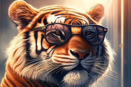 Portrait of a tiger wearing glasses. Close-up. Toned.の素材