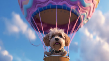 Cute dog flying on a hot air balloon in the blue skyの素材