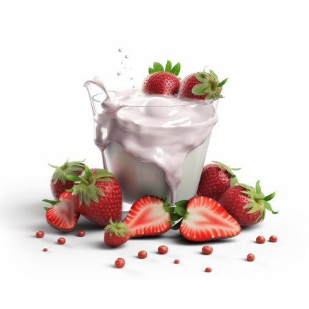 Strawberry yogurt in a glass with fresh strawberries on a white backgroundの素材