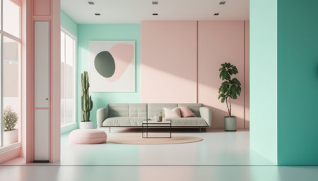 Interior of modern living room with pink walls, concrete floor, pink sofa and round coffee table. 3d renderingの素材
