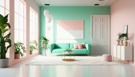 Interior of modern living room with green sofa 3D render illustrationの素材