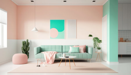 Interior of modern living room with pink walls, concrete floor, green sofa and round coffee table. 3d renderingの素材