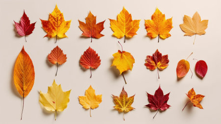 Colorful autumn leaves on white background. Flat lay, top viewの素材