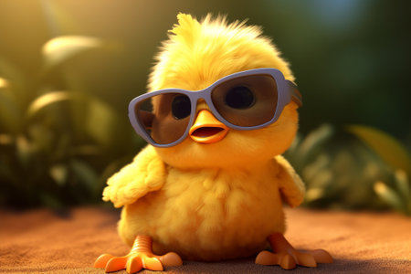 Cute yellow chick in sunglasses on the background of green grass.の素材