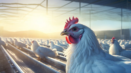 White chicken on a poultry farm in the sun. 3d renderingの素材