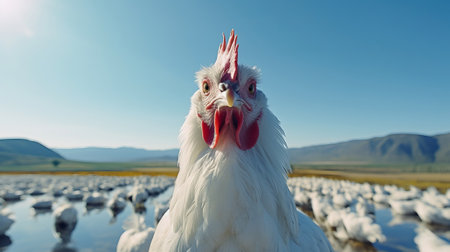 White chicken on a farm. Chicken farm in the highlands of Mongoliaの素材