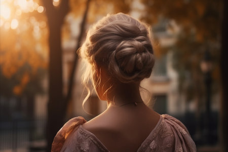 Back view of beautiful young woman with hair braided in pigtails and hairdo.の素材