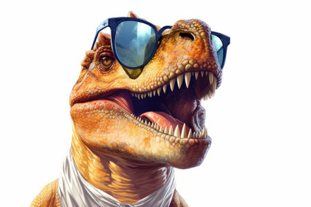 Dinosaur in sunglasses isolated on white background. 3d illustration.の素材