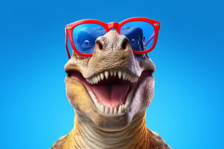 dinosaur wearing red glasses on blue background. 3d illustration.の素材