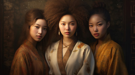 Portrait of three beautiful asian women in kimono.の素材