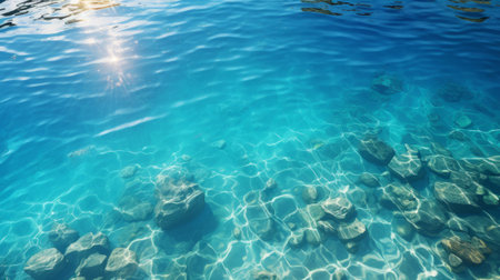 Blue sea water surface with stones and sun shining through the water.の素材