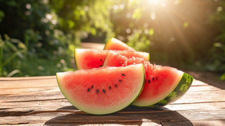 Slices of ripe watermelon on wooden table outdoors, closeupの素材