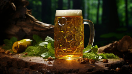 Glass of beer on a wooden table in the forest. Beer backgroundの素材