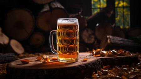 Mug of beer on a wooden log in the autumn forest.の素材