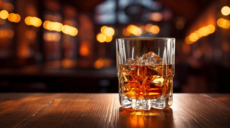 Glass of whiskey with ice cubes on wooden table at bar counter in pubの素材