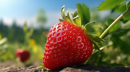 Strawberry growing in the garden on a sunny summer day.の素材