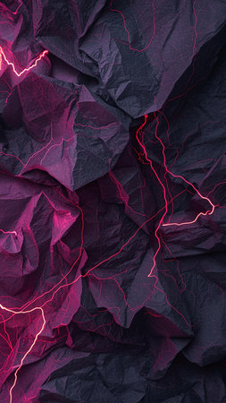 Abstract background of dark crumpled paper with glowing neon lines.の素材