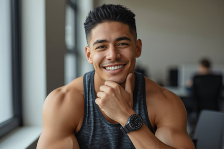 Portrait of a handsome young man in sportswear smiling at cameraの素材