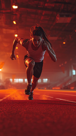 Athletic young man running on a stadium track at nightの素材