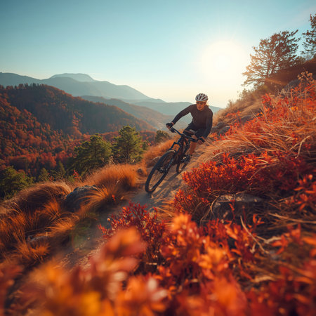 Cyclist Riding the Mountain Bike on the Trail in the Autumn Forest. Extreme Sport Concept.の素材