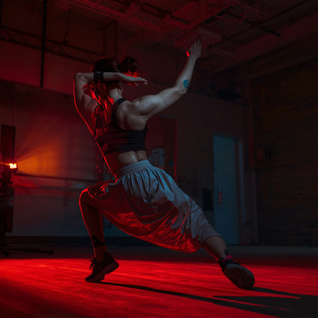 Young man dancing hip-hop in neon light. Studio shot.の素材