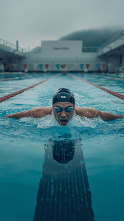 Front view of swimmer in cap and goggles swimming crawl stroke style in poolの素材