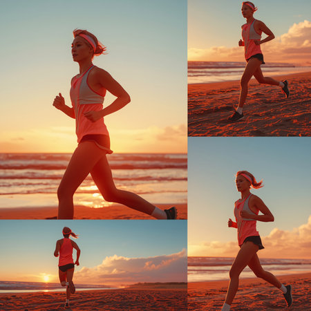 Collage of a young woman running on the beach at sunset.の素材