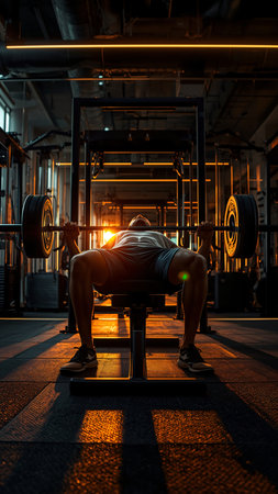 Young man lifting a barbell in the gym at night, back viewの素材