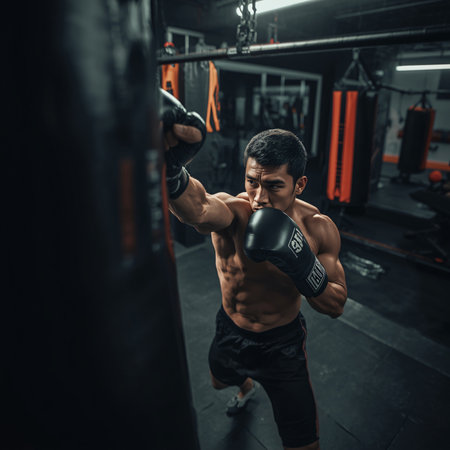 Portrait of a young man boxing in the gym. Crossfit.の素材