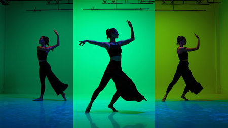 Silhouettes of ballerinas dancing in neon light. Studio shot.の素材