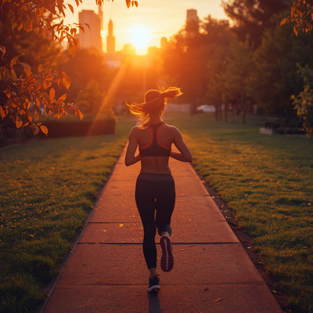 Young woman running in the park at sunset. Fitness girl jogging outdoors.の素材