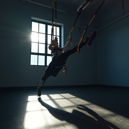 Silhouette of a man doing antigravity yoga with the help of aerial straps.の素材