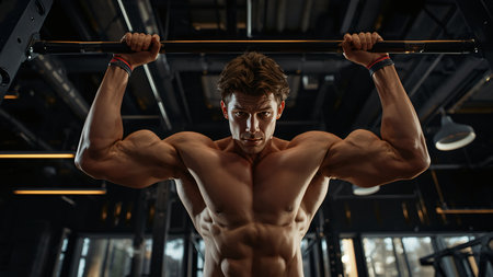 Handsome young muscular Caucasian man working out in a gym gaining weight pumping up muscles and poses fitness and bodybuilding conceptの素材