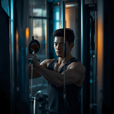 Handsome asian man working out in gym. Sport and healthy lifestyle concept.の素材