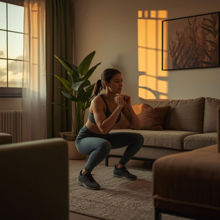 Side view of sporty young woman in sportswear sitting on floor in living room at home and looking awayの素材