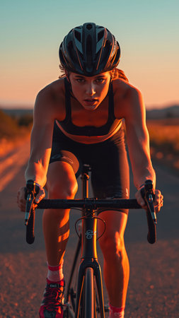 Cyclist Riding a Bike on a Country Road at Sunset.の素材