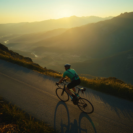 Cyclist riding on the road in the mountains at sunset.の素材