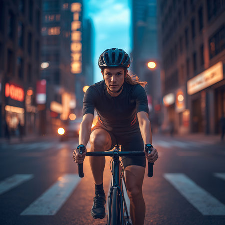 Cyclist riding a bike in the city at night. Sport and healthy lifestyle.の素材