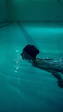swimmer in a swimming pool in action, closeup of photoの素材
