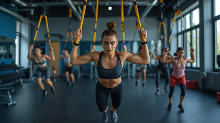 Athletic young woman working out with suspension straps in a gymの素材