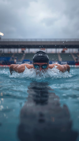 young man swimmer in goggles and cap swimming front crawl stroke style in the poolの素材