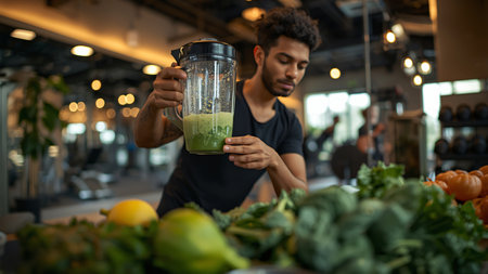 african american man making green smoothie at counter in supermarketの素材