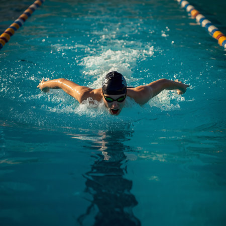 Young man swimmer in cap and goggles swimming butterfly stroke style in poolの素材