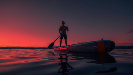 Silhouette of a man on a stand up paddle board at sunsetの素材